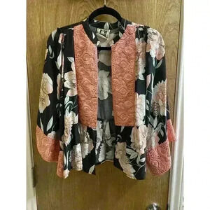 Jaase Womens XL Black/Peach Floral Embroidered Woven Cardigan Open 3/4 Sleeve